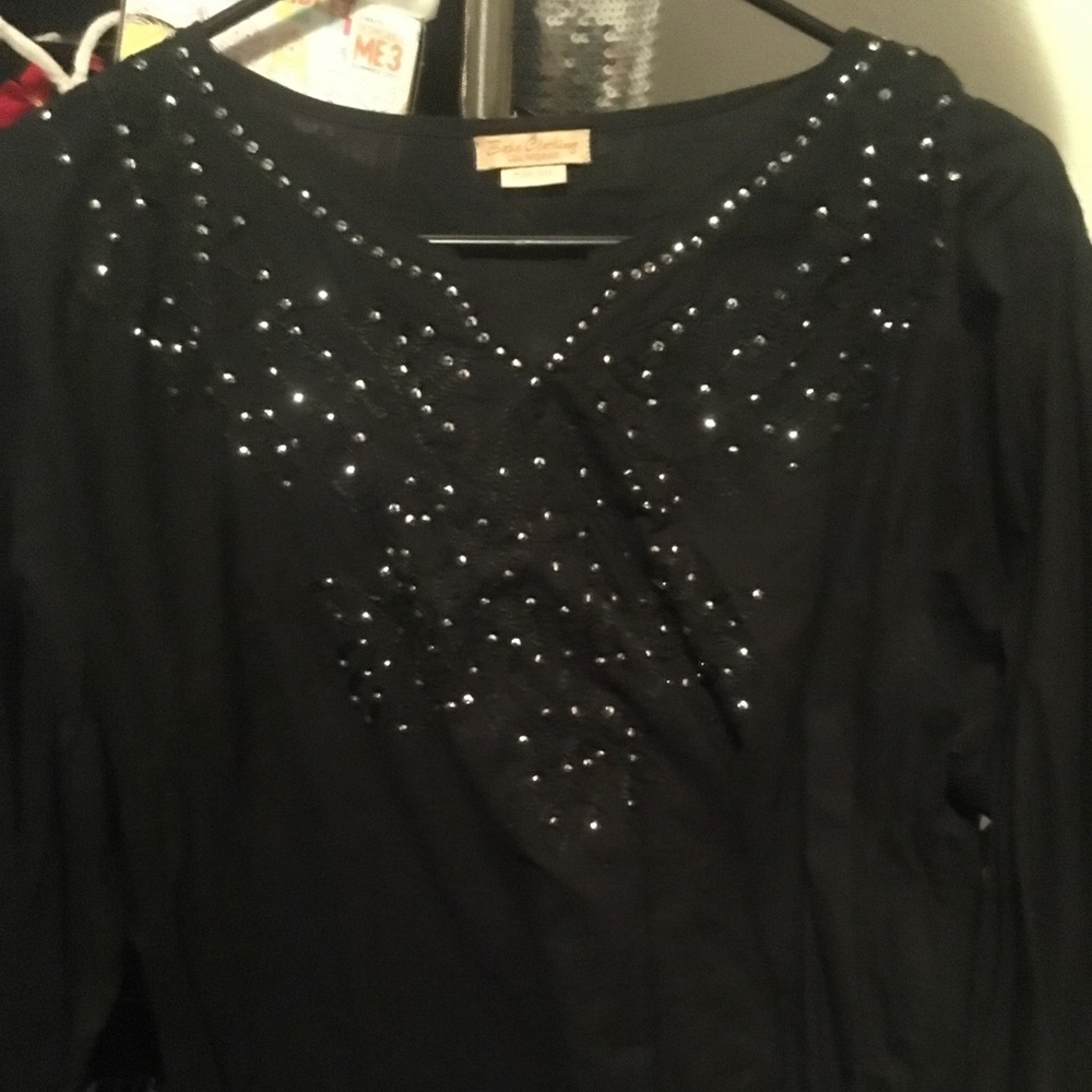 Sheer black cotton long sleeve top wsilver sequins